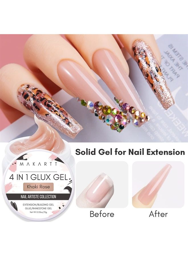 Solid Builder Nail Gel,15ML 4 in 1 Nail Extension Gel UV Nail Glue for Acrylic Nails Soft Gel Nails Rhinestones Gel 3D Sculpture Gel Hard Gel for Nails UV/LED Nail Lamp Required Khaki Rose