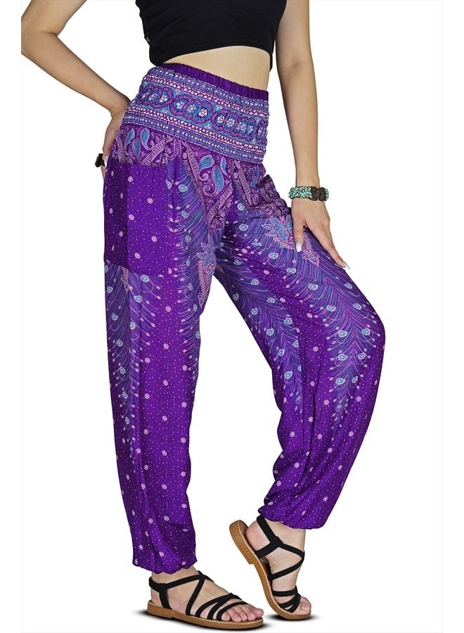 Women Harem Pant Boho Genie Aladdin Smocked Waist Yoga Trousers (Peacock Violet 2XL)