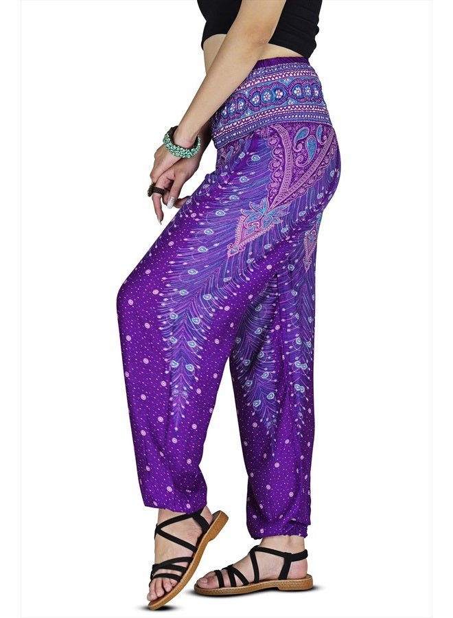 Women Harem Pant Boho Genie Aladdin Smocked Waist Yoga Trousers (Peacock Violet 2XL)