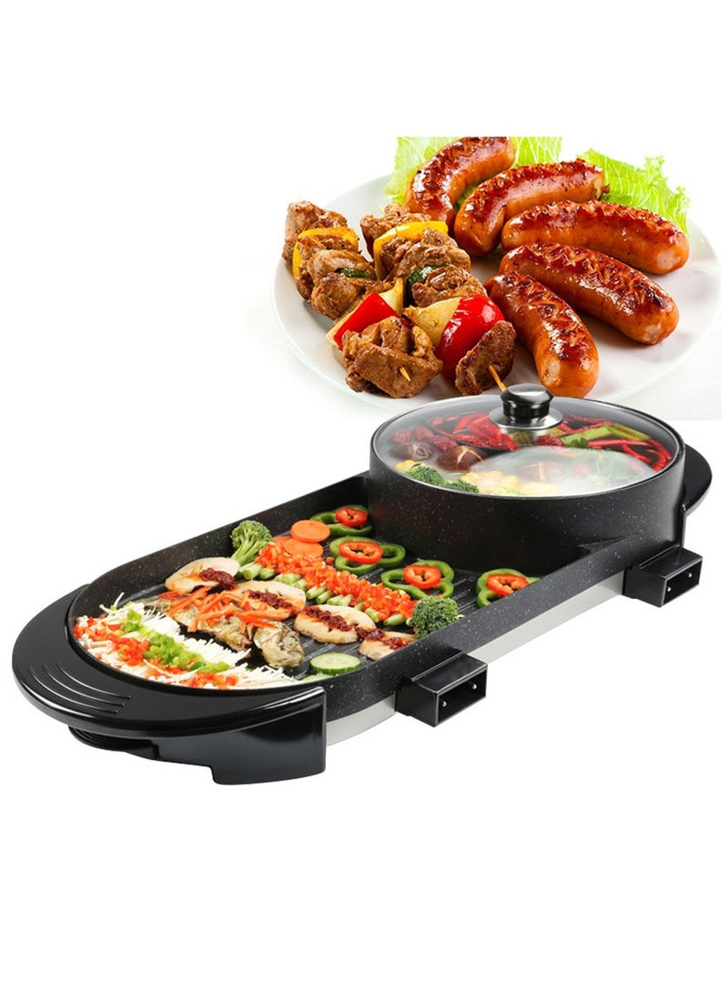 2 in 1 Electric BBQ  Grill and Hot Pot with Divider, Electric BBQ Stove Hot Pot with Separate Dual 5 Speed Control