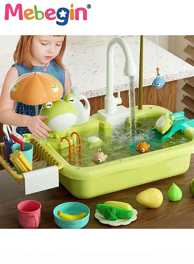 Play Sink with Running Water, Kitchen Sink Toys with Upgraded Electric Faucet, Play Kitchen Toy Accessories, Pool Floating Fishing Toys for Water Play, Kids Role Play Dishwasher Toy