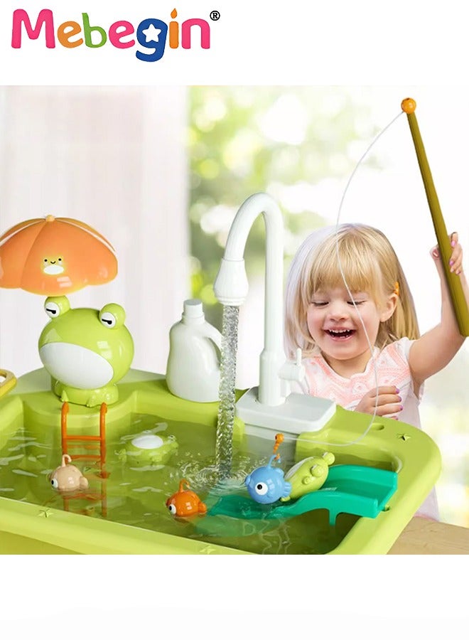 Play Sink with Running Water, Kitchen Sink Toys with Upgraded Electric Faucet, Play Kitchen Toy Accessories, Pool Floating Fishing Toys for Water Play, Kids Role Play Dishwasher Toy