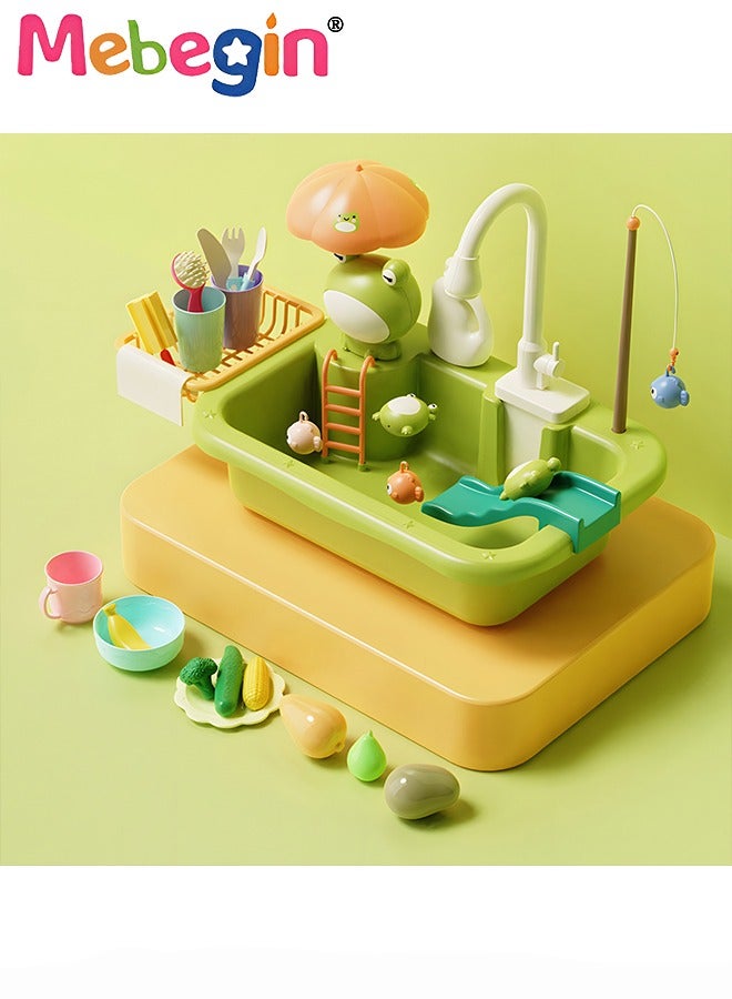 Play Sink with Running Water, Kitchen Sink Toys with Upgraded Electric Faucet, Play Kitchen Toy Accessories, Pool Floating Fishing Toys for Water Play, Kids Role Play Dishwasher Toy