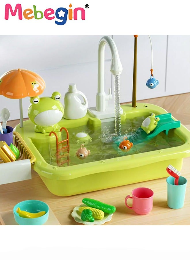 Play Sink with Running Water, Kitchen Sink Toys with Upgraded Electric Faucet, Play Kitchen Toy Accessories, Pool Floating Fishing Toys for Water Play, Kids Role Play Dishwasher Toy