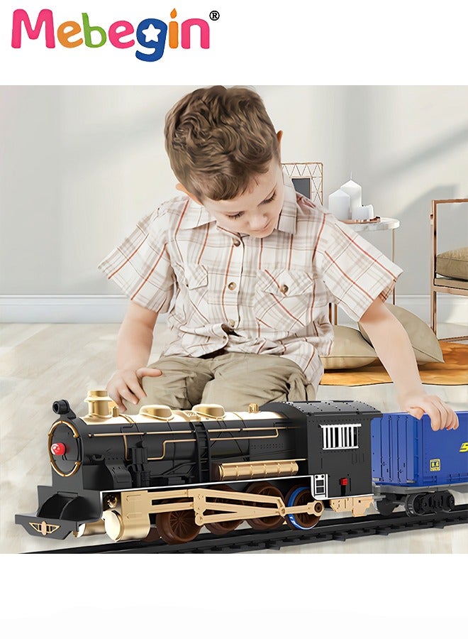 Electric Model Train Set for Kids, Engine Cargo Car with Long Track, Classic Train Set with Sound Battery-Powered Toy Gift for Kids Boys Girls Age 3+,Blue