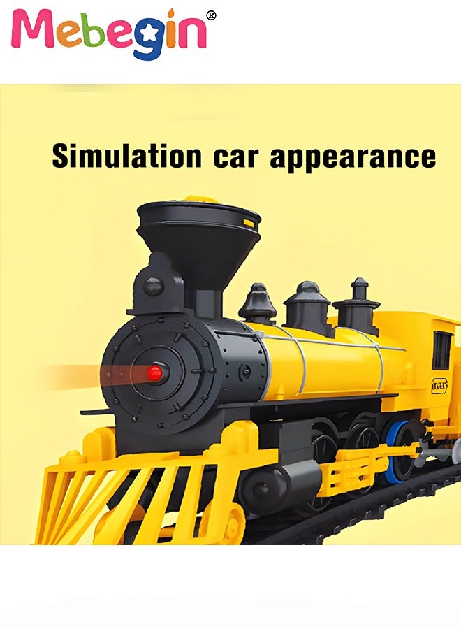 Electric Model Train Set for Kids, Engine Cargo Car with Long Track, Classic Train Set with Sound Battery-Powered Toy Gift for Kids Boys Girls Age 3+,Yellow