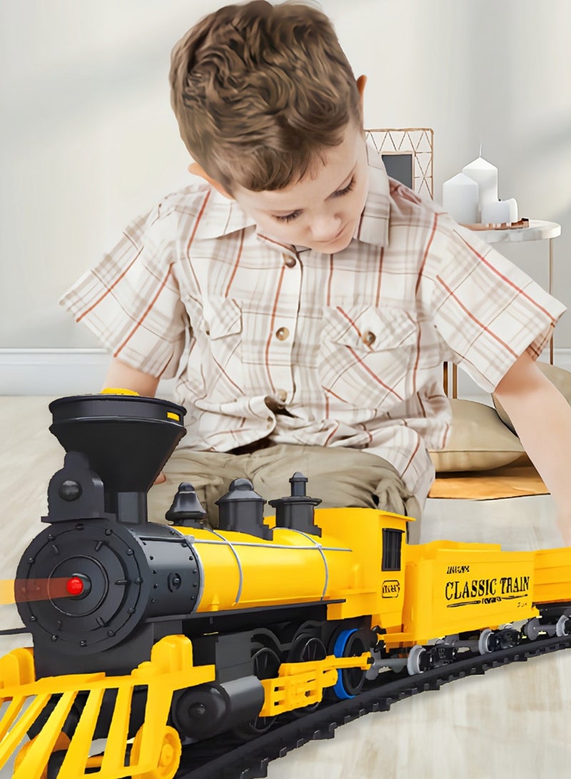 Electric Model Train Set for Kids, Engine Cargo Car with Long Track, Classic Train Set with Sound Battery-Powered Toy Gift for Kids Boys Girls Age 3+,Yellow