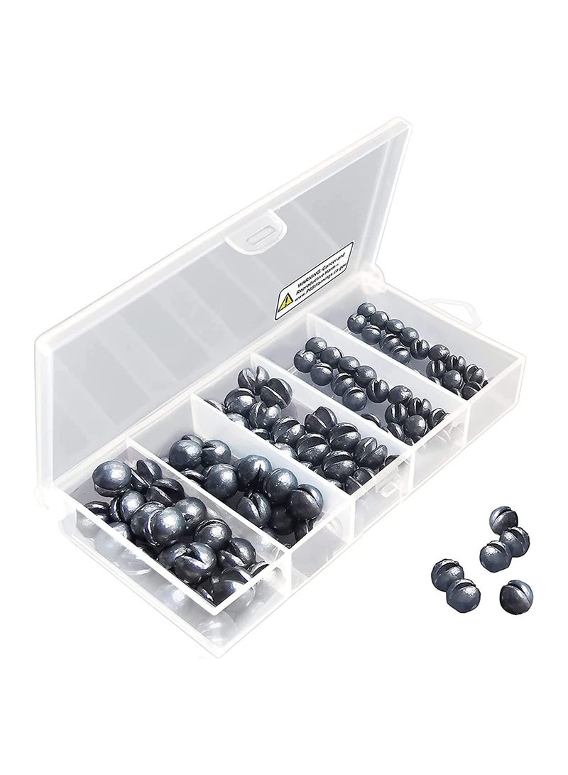 Fishing Weights Sinkers Kit, 100pcs Round Split Shot Sinker, Egg 5 Sizes, 7/1000 oz, 17/1000 7/200 1/20 7/100 Plastic Box Pack 3.8 x 1.9 0.7 inch