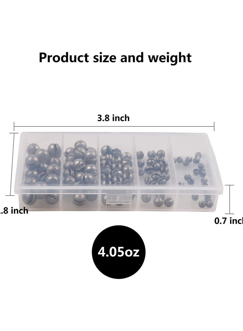 Fishing Weights Sinkers Kit, 100pcs Round Split Shot Sinker, Egg 5 Sizes, 7/1000 oz, 17/1000 7/200 1/20 7/100 Plastic Box Pack 3.8 x 1.9 0.7 inch