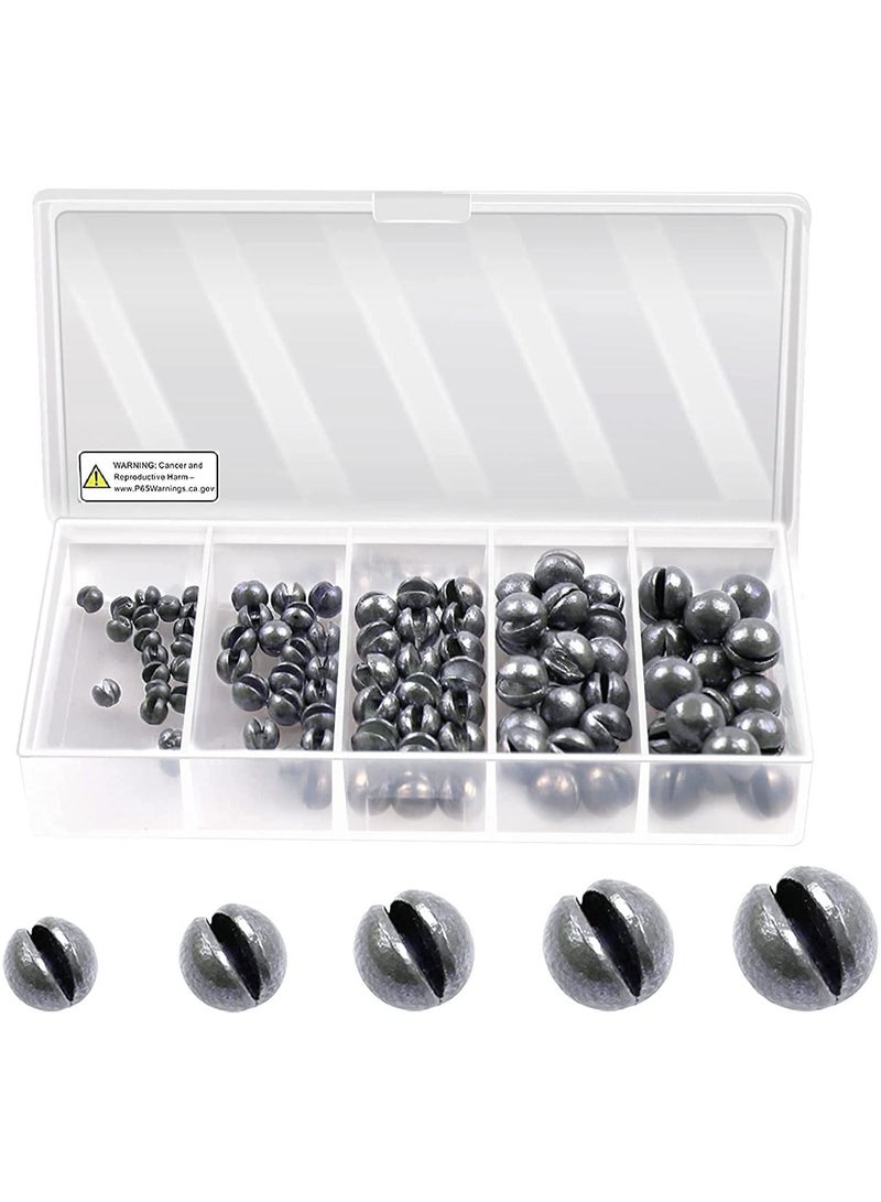 Fishing Weights Sinkers Kit, 100pcs Round Split Shot Sinker, Egg 5 Sizes, 7/1000 oz, 17/1000 7/200 1/20 7/100 Plastic Box Pack 3.8 x 1.9 0.7 inch
