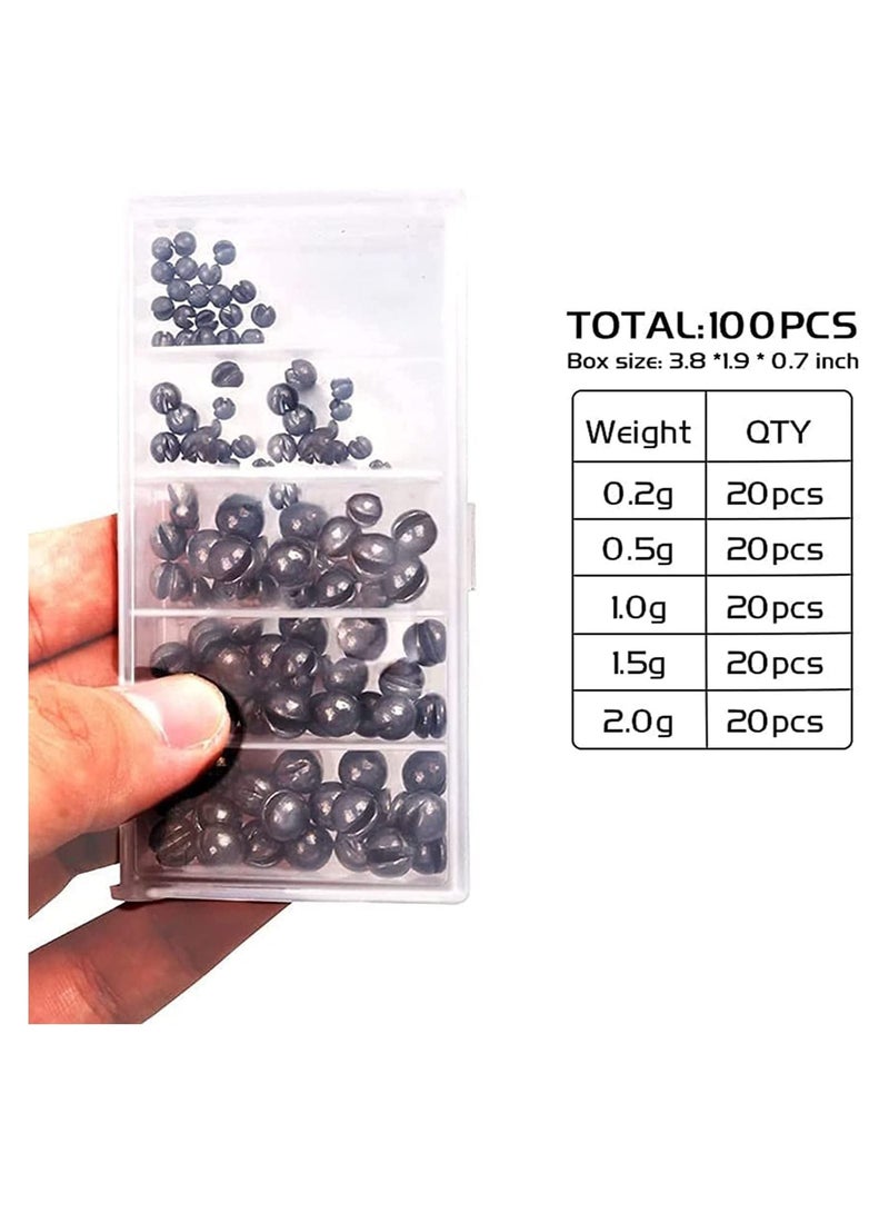 Fishing Weights Sinkers Kit, 100pcs Round Split Shot Sinker, Egg 5 Sizes, 7/1000 oz, 17/1000 7/200 1/20 7/100 Plastic Box Pack 3.8 x 1.9 0.7 inch