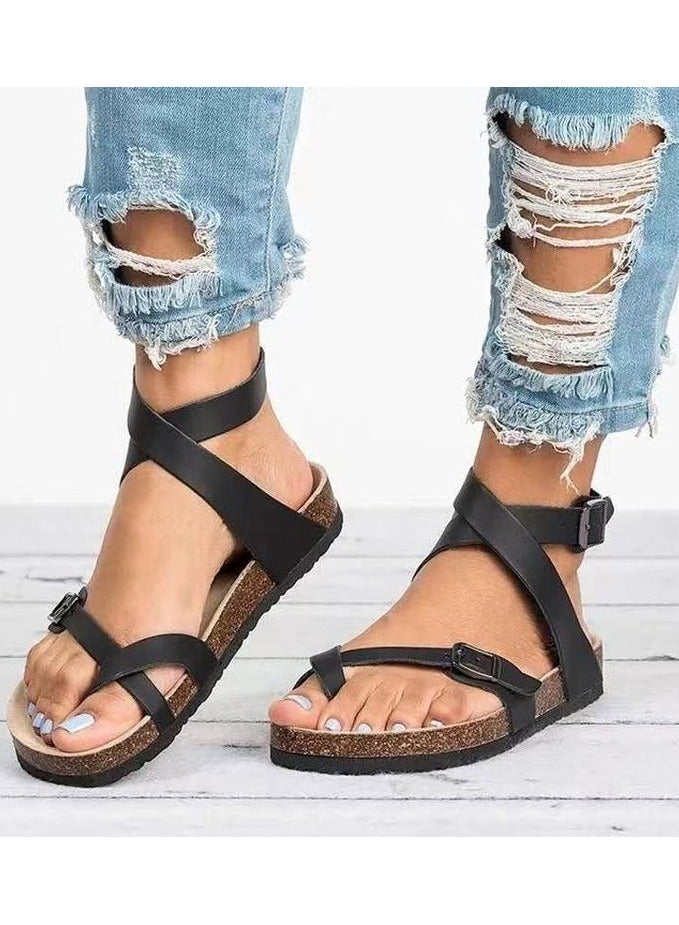 Women's Flat Cork Sandals, Toe Loop Cross Strap Summer Sandals, Retro Style & Casual Sandals With Adjustable Strap Buckle