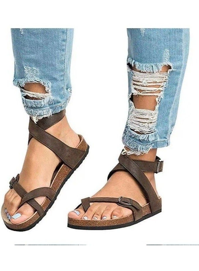 Women's Flat Cork Sandals, Toe Loop Cross Strap Summer Sandals, Retro Style & Casual Sandals With Adjustable Strap Buckle