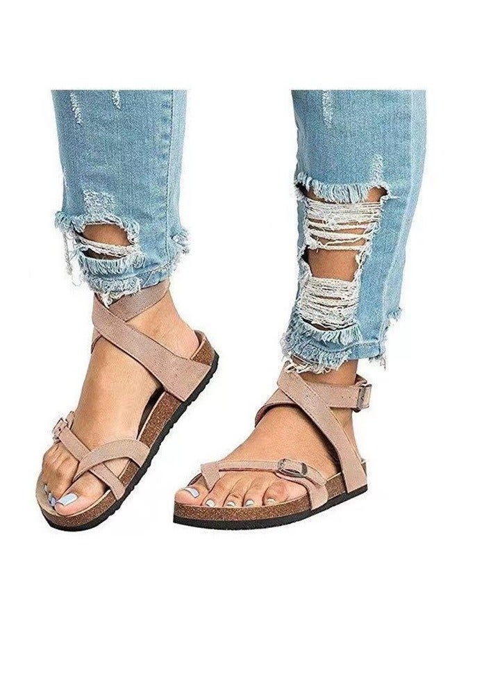 Women's Flat Cork Sandals, Toe Loop Cross Strap Summer Sandals, Retro Style & Casual Sandals With Adjustable Strap Buckle