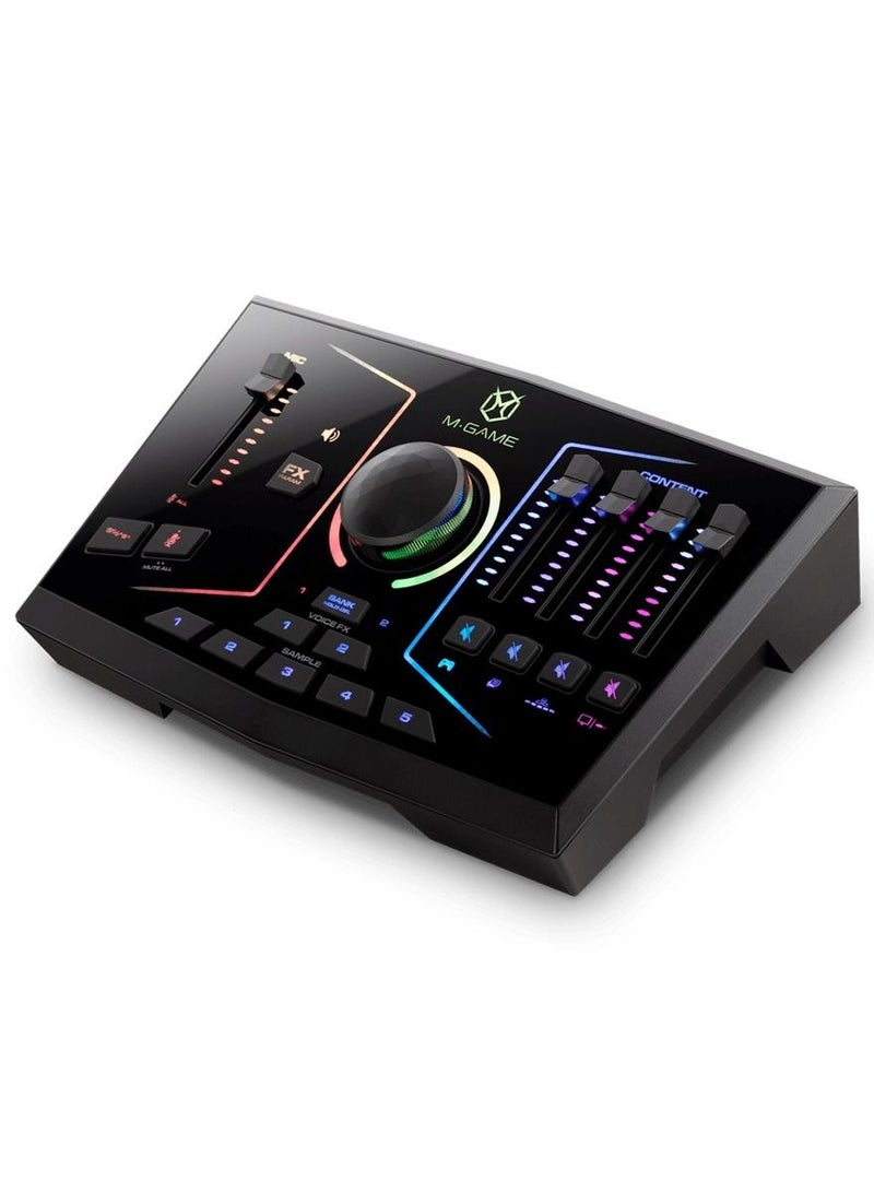 M-Game RGB Dual Streaming Mixer USB Audio Mixer with 2 USB Inputs, 1 XLR Input, Optical Input, Headset I/O, Programmable Voice Effects, Onboard Sampler, Customizable RBG LEDs, and Software Control