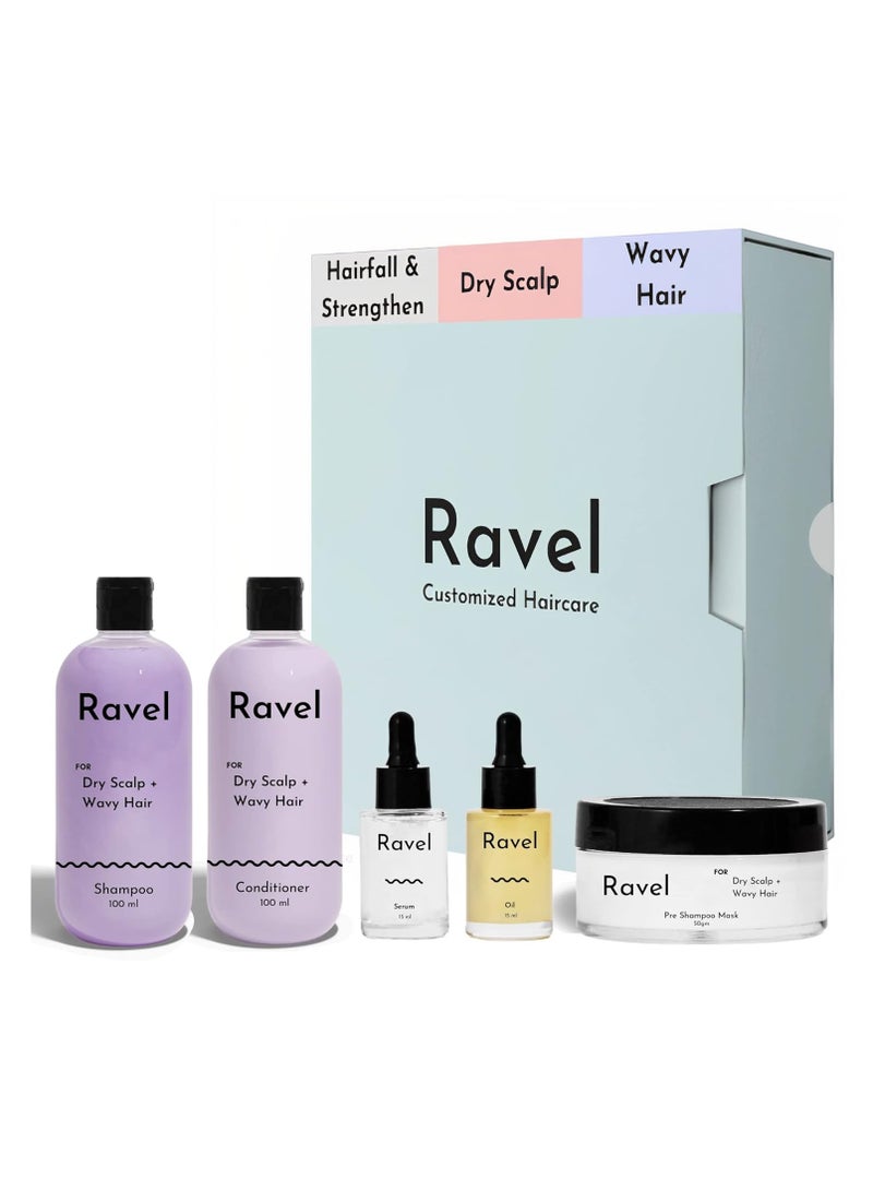 Ravel Customized Hair Fall Control Strengthen Starter Regimen for Dry Scalp Wavy Hair Shampoo 100ML Conditioner 100ML Mask 50ML Serum 15ML Oil 15ML