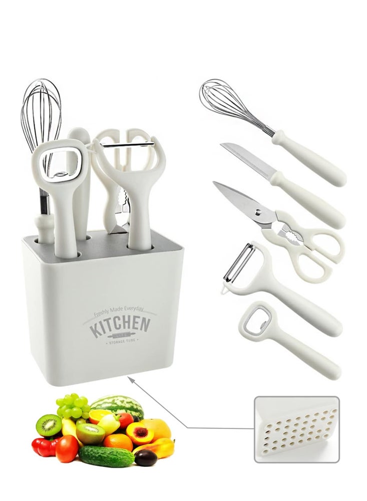 6-Piece Kitchen Peeler Set with Bottle Opener, Stirrer, Fruit Knife, Scissors and Decorative Storage Base with Food Grade 304 Stainless Steel and Anti-Slip Handle Base