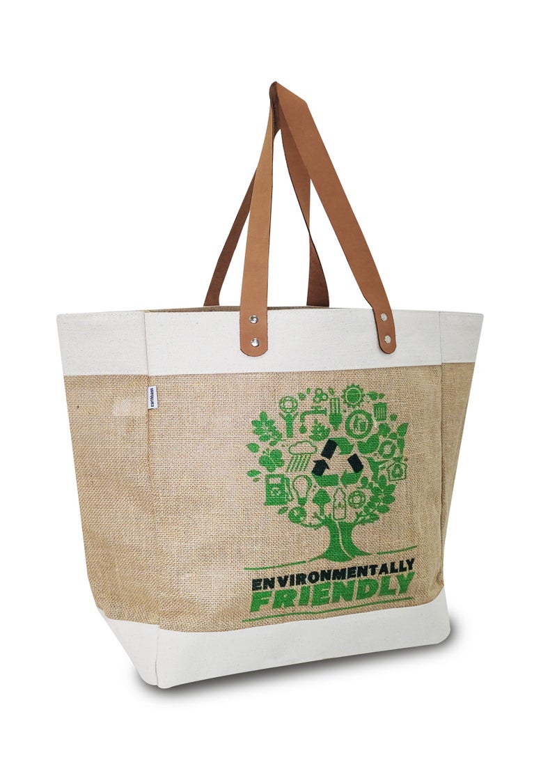 Sustainable Jute & Cotton Canvas Printed Market Bag with 100% Genuine Leather Handles and Water Resistant Inside Liner.