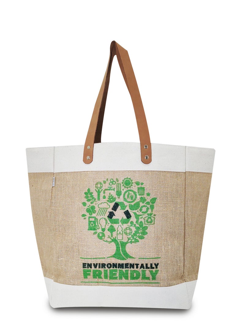 Sustainable Jute & Cotton Canvas Printed Market Bag with 100% Genuine Leather Handles and Water Resistant Inside Liner.