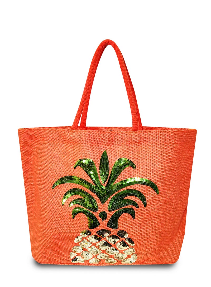 Sustainable Jute Sequins Embroidered Beach Bag with Soft Padded Handles. Inside Water Resistant Liner, Magnet Button Closure & Inside Zipper Pocket.