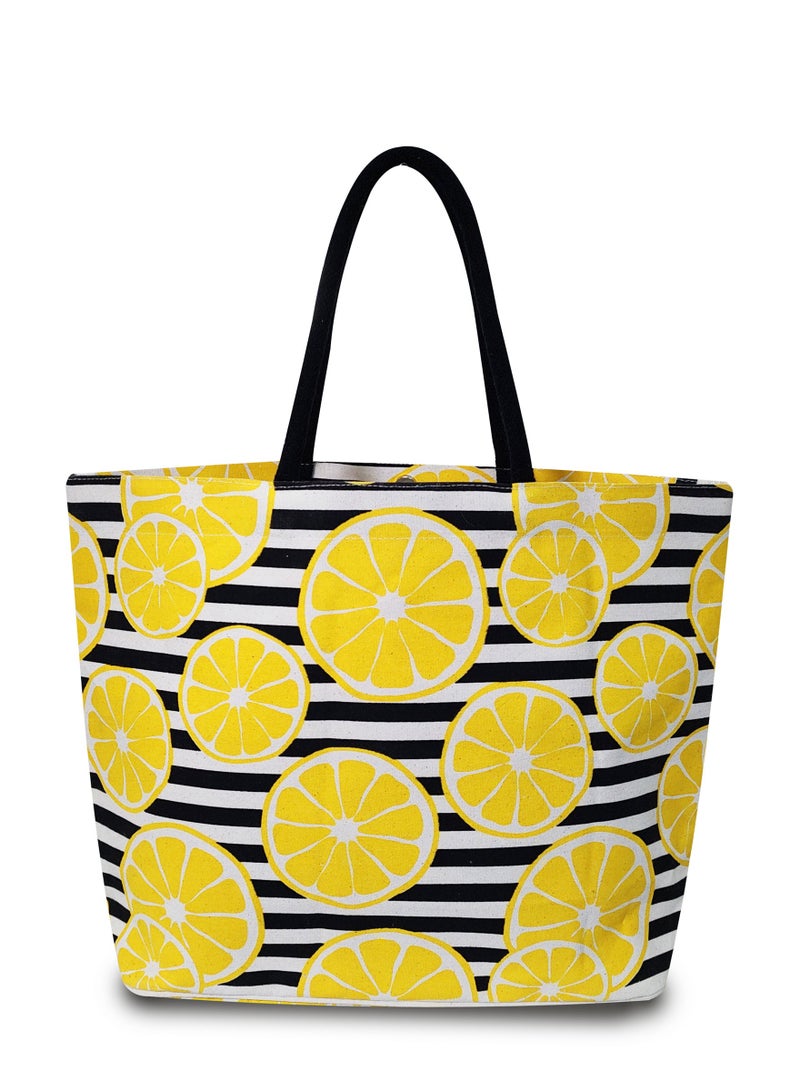 Sustainable Cotton Canvas Printed Beach Bag with Soft Padded Handles. Inside Water Resistant Liner, Magnet Button Closure & Inside Zipper Pocket.