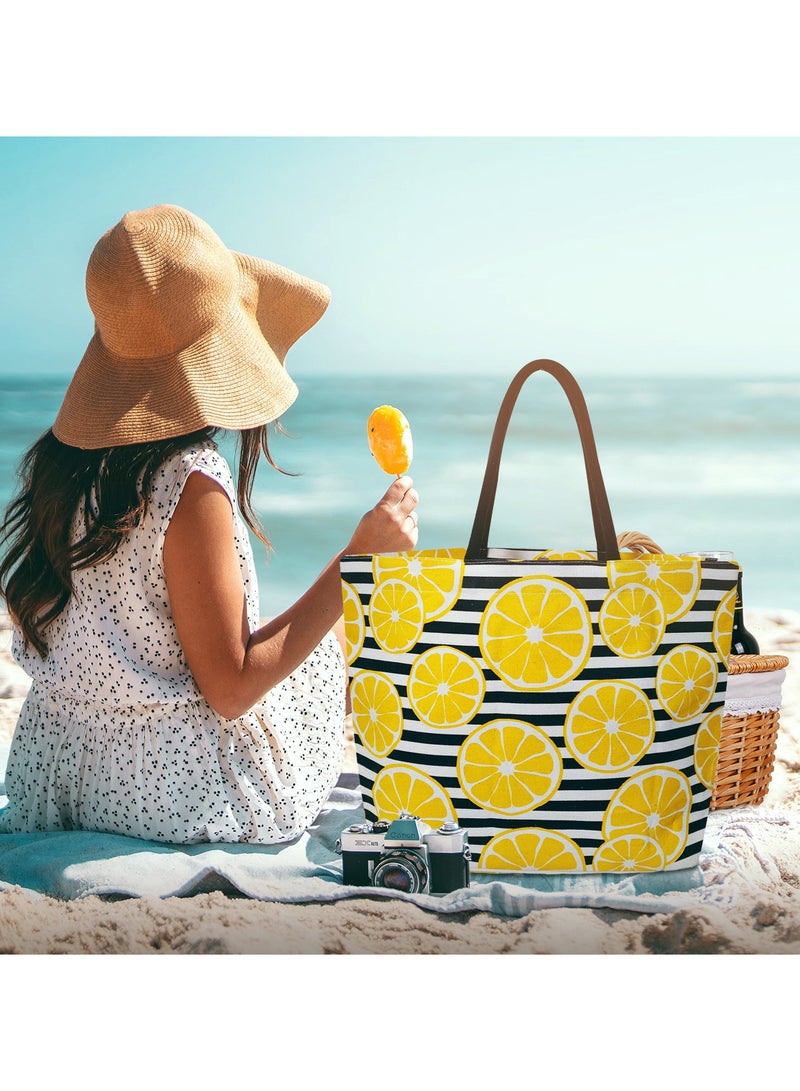 Sustainable Cotton Canvas Printed Beach Bag with Soft Padded Handles. Inside Water Resistant Liner, Magnet Button Closure & Inside Zipper Pocket.