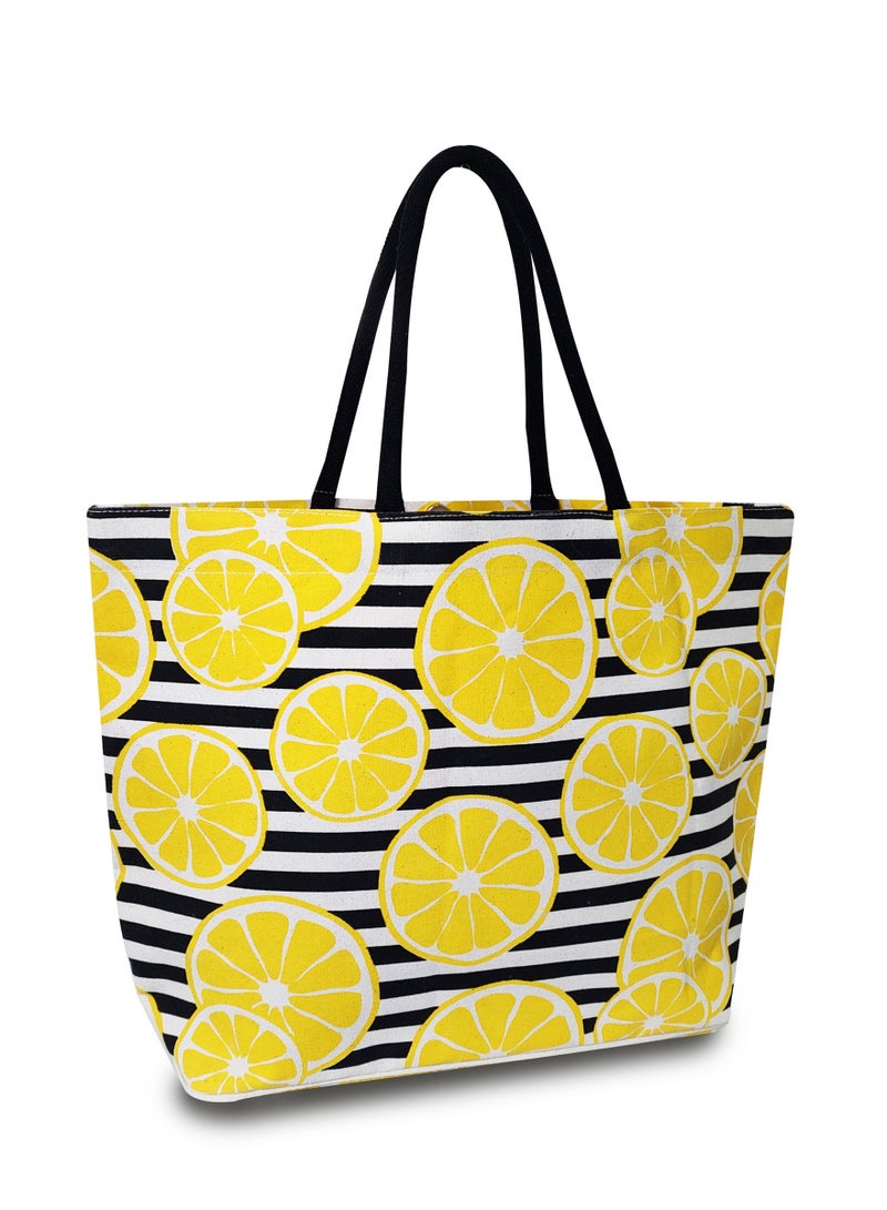 Sustainable Cotton Canvas Printed Beach Bag with Soft Padded Handles. Inside Water Resistant Liner, Magnet Button Closure & Inside Zipper Pocket.