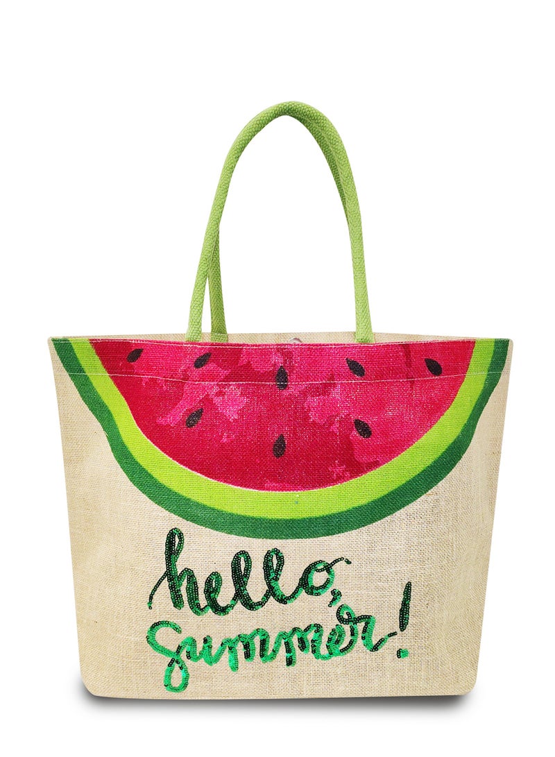 Sustainable Jute Sequins Embroidered Beach Bag with Soft Padded Handles. Inside Water Resistant Liner, Magnet Button Closure & Inside Zipper Pocket.