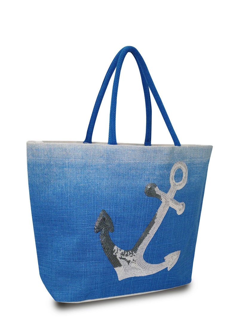 Sustainable Jute Sequins Embroidered Beach Bag with Soft Padded Handles. Inside Water Resistant Liner, Magnet Button Closure & Inside Zipper Pocket.