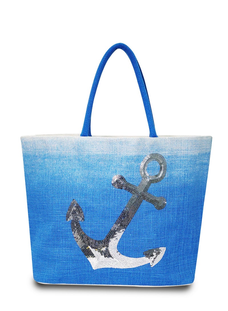 Sustainable Jute Sequins Embroidered Beach Bag with Soft Padded Handles. Inside Water Resistant Liner, Magnet Button Closure & Inside Zipper Pocket.