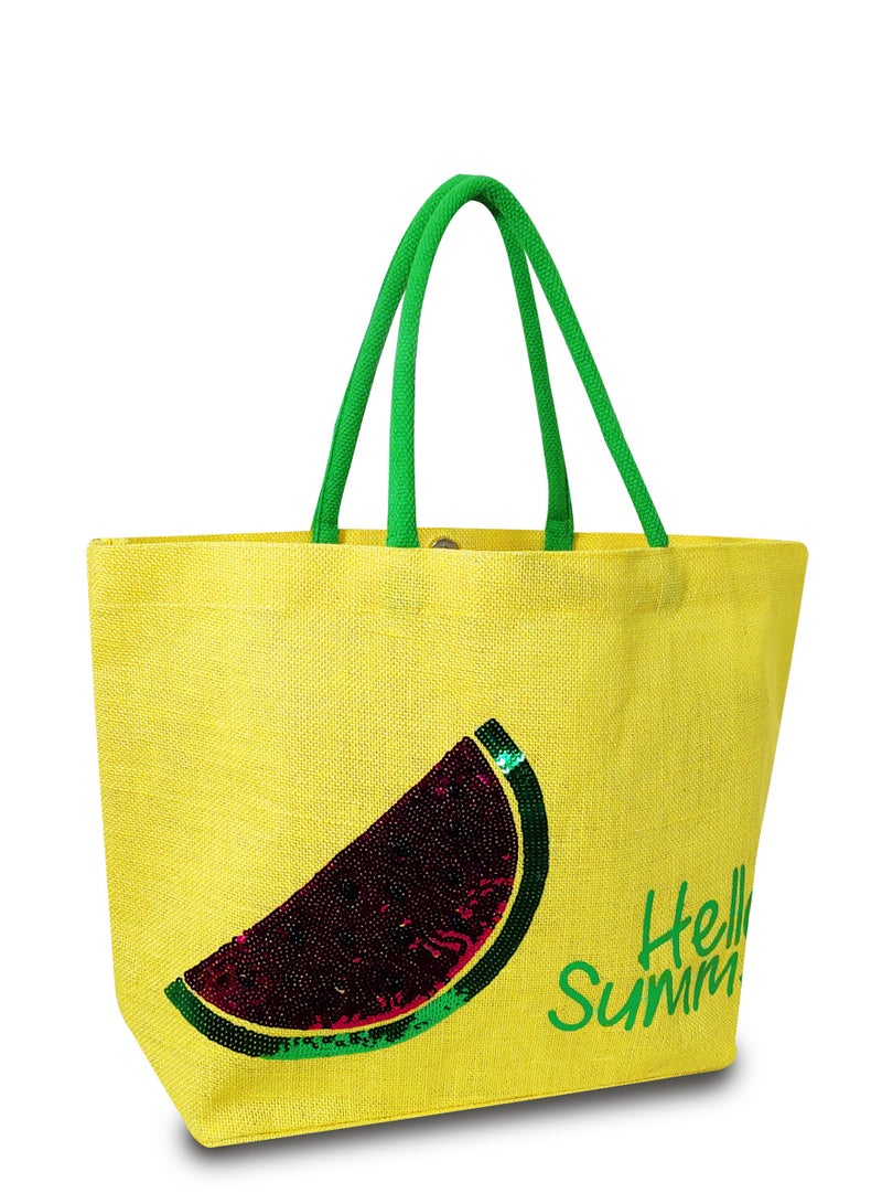 Sustainable Jute Sequins Embroidered Beach Bag with Soft Padded Handles. Inside Water Resistant Liner, Magnet Button Closure & Inside Zipper Pocket.