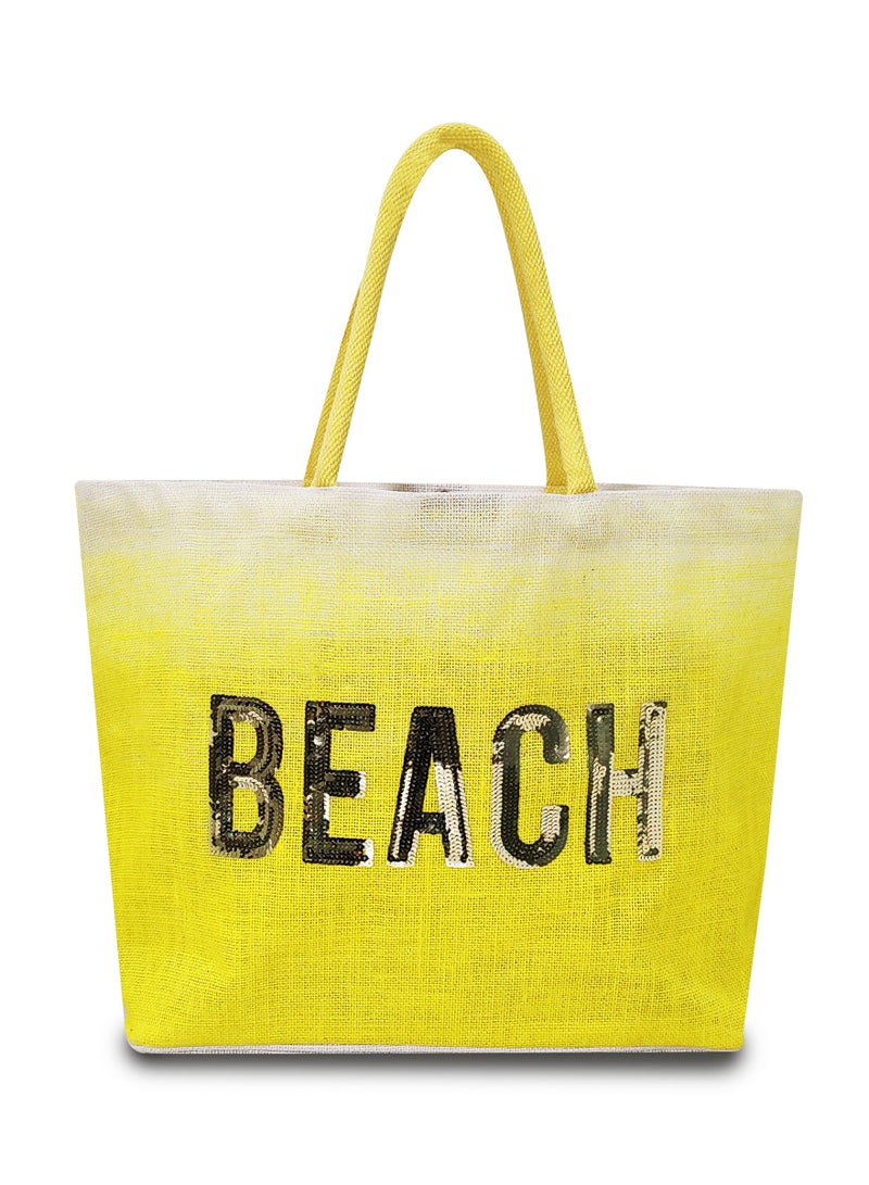 Sustainable Jute Sequins Embroidered Beach Bag with Soft Padded Handles. Inside Water Resistant Liner, Magnet Button Closure & Inside Zipper Pocket.