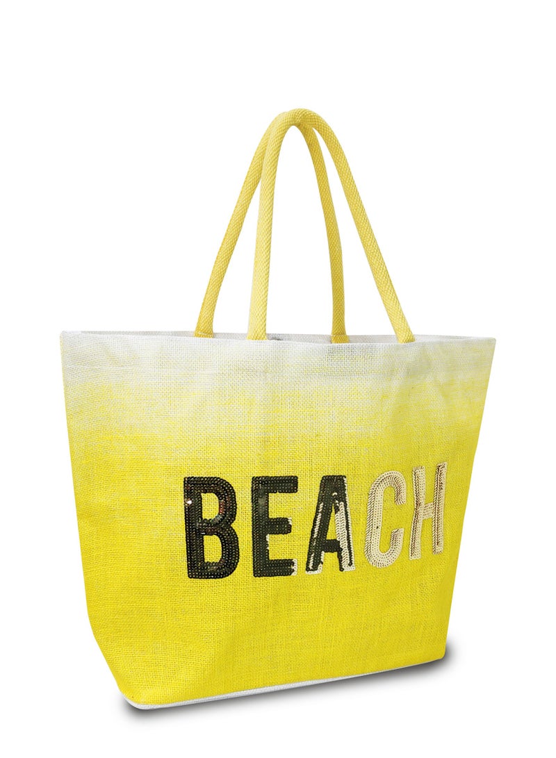 Sustainable Jute Sequins Embroidered Beach Bag with Soft Padded Handles. Inside Water Resistant Liner, Magnet Button Closure & Inside Zipper Pocket.