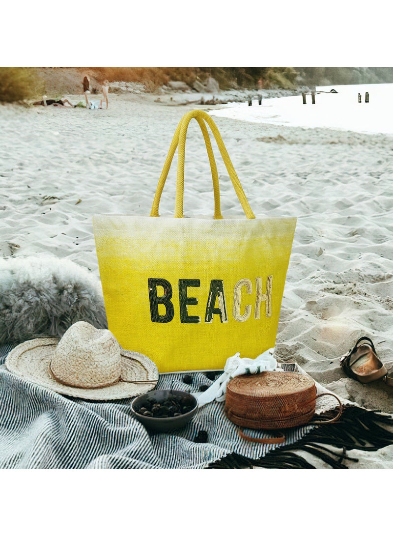 Sustainable Jute Sequins Embroidered Beach Bag with Soft Padded Handles. Inside Water Resistant Liner, Magnet Button Closure & Inside Zipper Pocket.