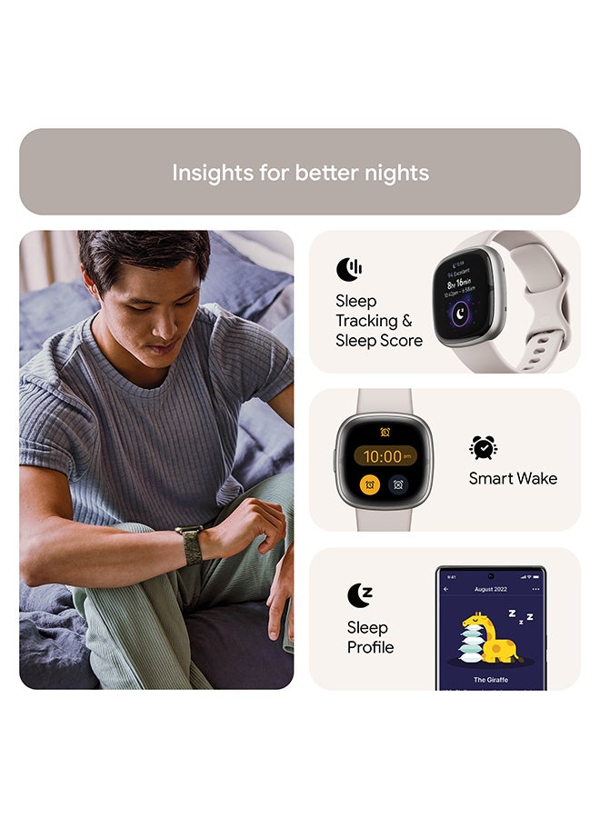 Sense 2, Health and Fitness Smartwatch with built-in GPS, advanced health features, up to 6 days battery life - compatible with Android and iOS Lunar White / Platinum Aluminium