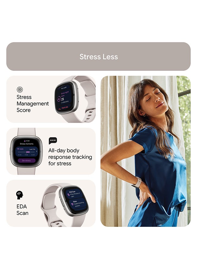 Sense 2, Health and Fitness Smartwatch with built-in GPS, advanced health features, up to 6 days battery life - compatible with Android and iOS Lunar White / Platinum Aluminium