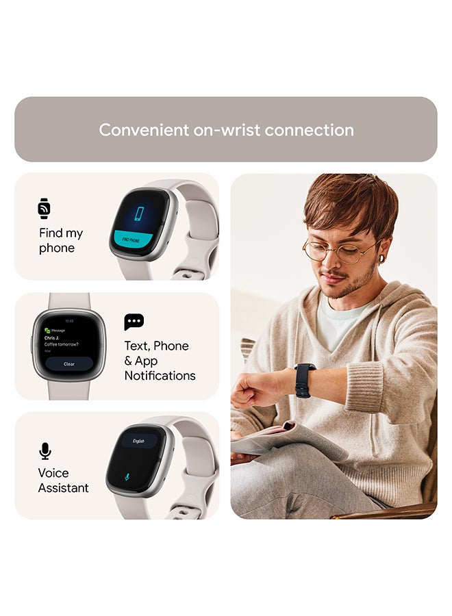 Sense 2, Health and Fitness Smartwatch with built-in GPS, advanced health features, up to 6 days battery life - compatible with Android and iOS Lunar White / Platinum Aluminium