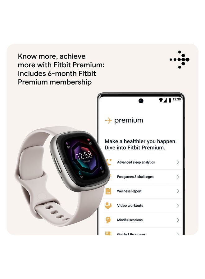 Sense 2, Health and Fitness Smartwatch with built-in GPS, advanced health features, up to 6 days battery life - compatible with Android and iOS Lunar White / Platinum Aluminium