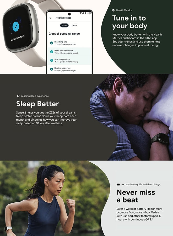 Sense 2, Health and Fitness Smartwatch with built-in GPS, advanced health features, up to 6 days battery life - compatible with Android and iOS Lunar White / Platinum Aluminium