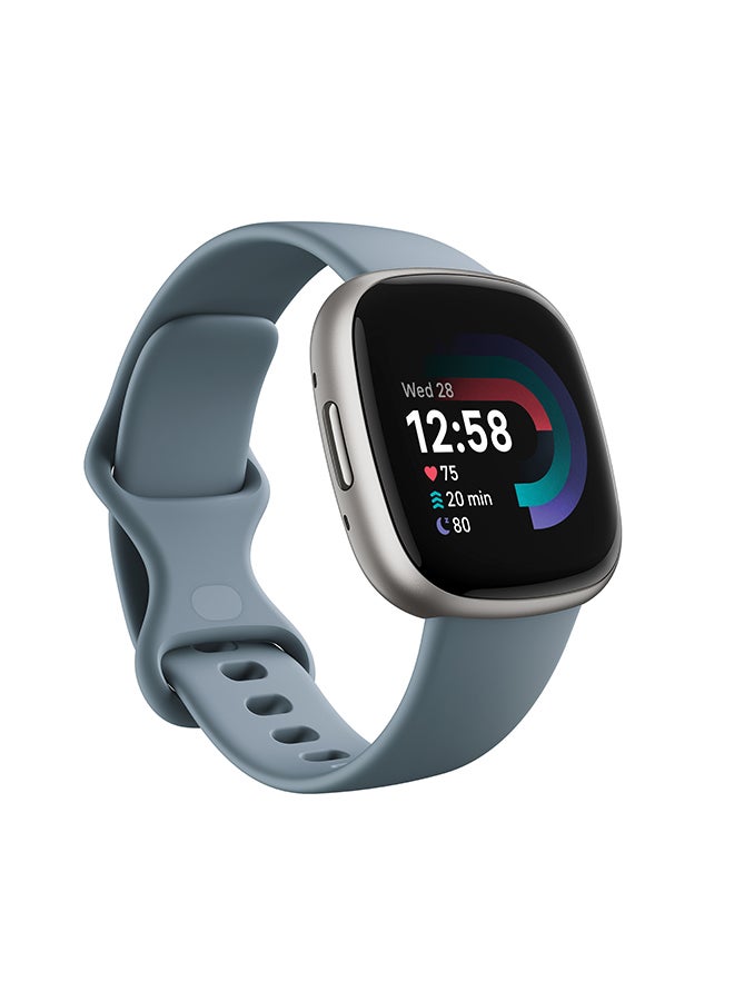 Versa 4, Health & Fitness Smartwatch with Built-in GPS and Up To 6+ Days Battery Life, 6-months Premium Membership Included, compatible with Android and iOS Waterfall Blue/Platinum
