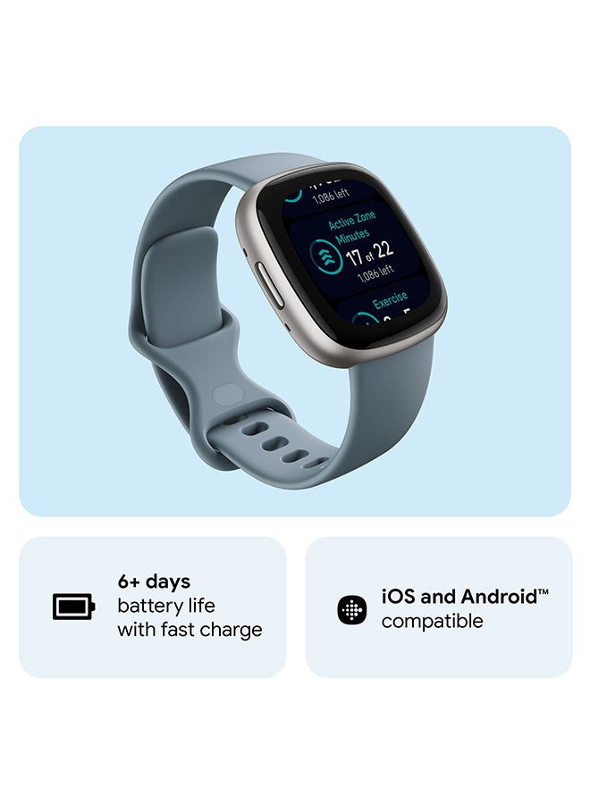 Versa 4, Health & Fitness Smartwatch with Built-in GPS and Up To 6+ Days Battery Life, 6-months Premium Membership Included, compatible with Android and iOS Waterfall Blue/Platinum