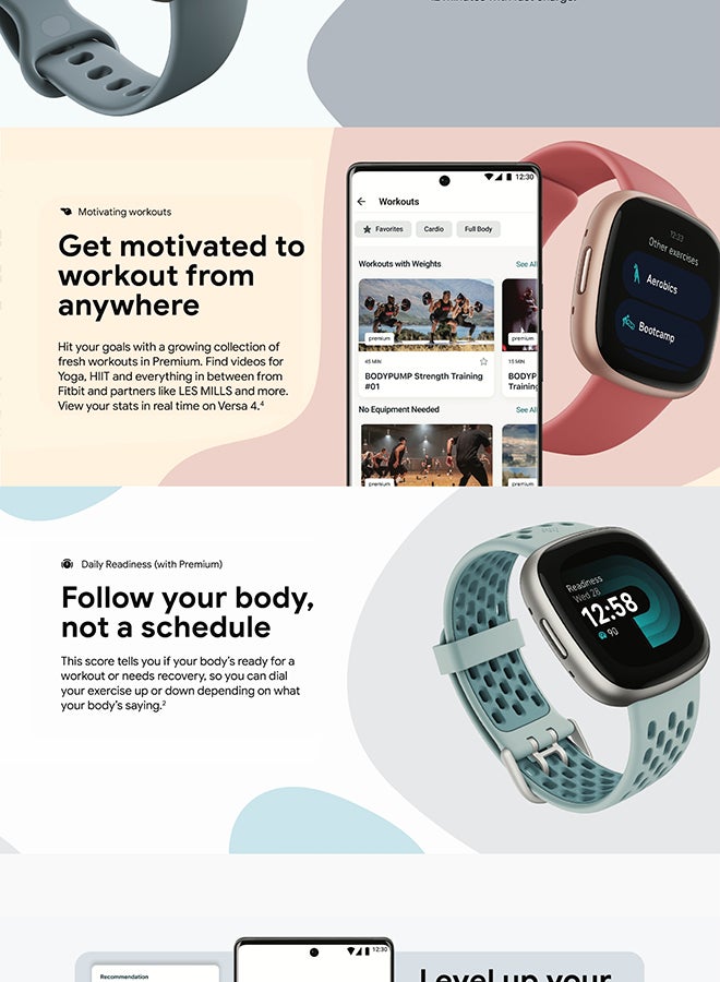 Versa 4, Health & Fitness Smartwatch with Built-in GPS and Up To 6+ Days Battery Life, 6-months Premium Membership Included, compatible with Android and iOS Waterfall Blue/Platinum