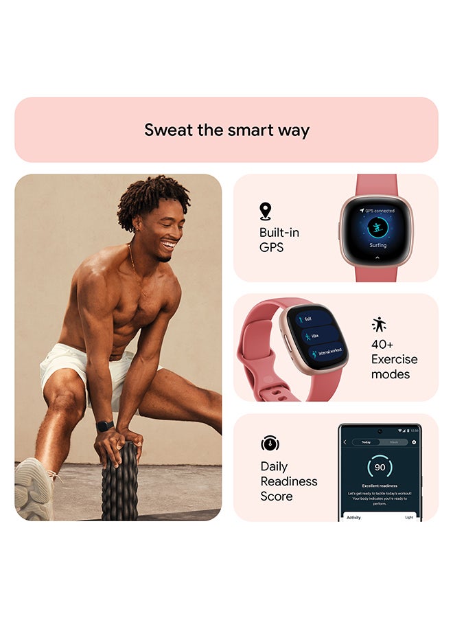 Versa 4, Health & Fitness Smartwatch with Built-in GPS and Up To 6+ Days Battery Life, 6-months Premium Membership Included, compatible with Android and iOS Pink Sand / Copper Rose