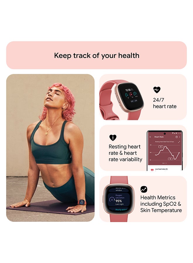 Versa 4, Health & Fitness Smartwatch with Built-in GPS and Up To 6+ Days Battery Life, 6-months Premium Membership Included, compatible with Android and iOS Pink Sand / Copper Rose