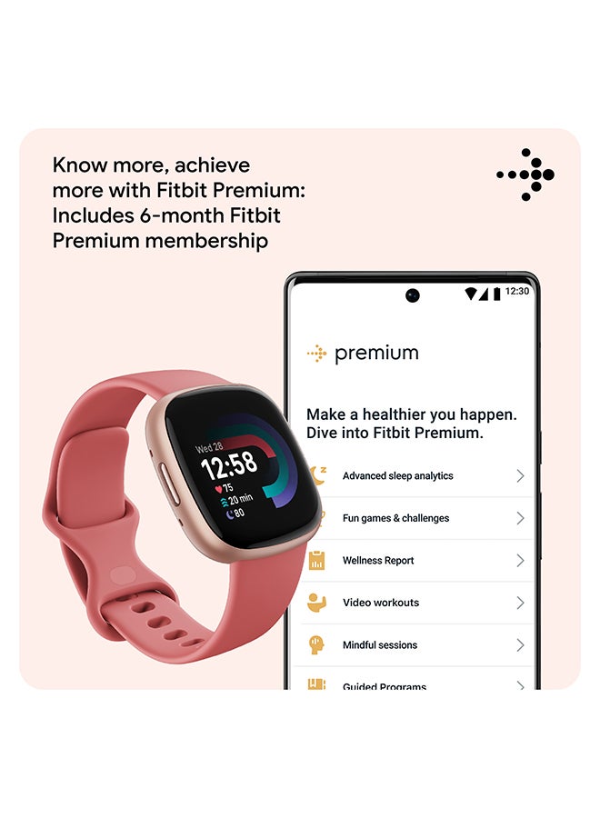 Versa 4, Health & Fitness Smartwatch with Built-in GPS and Up To 6+ Days Battery Life, 6-months Premium Membership Included, compatible with Android and iOS Pink Sand / Copper Rose