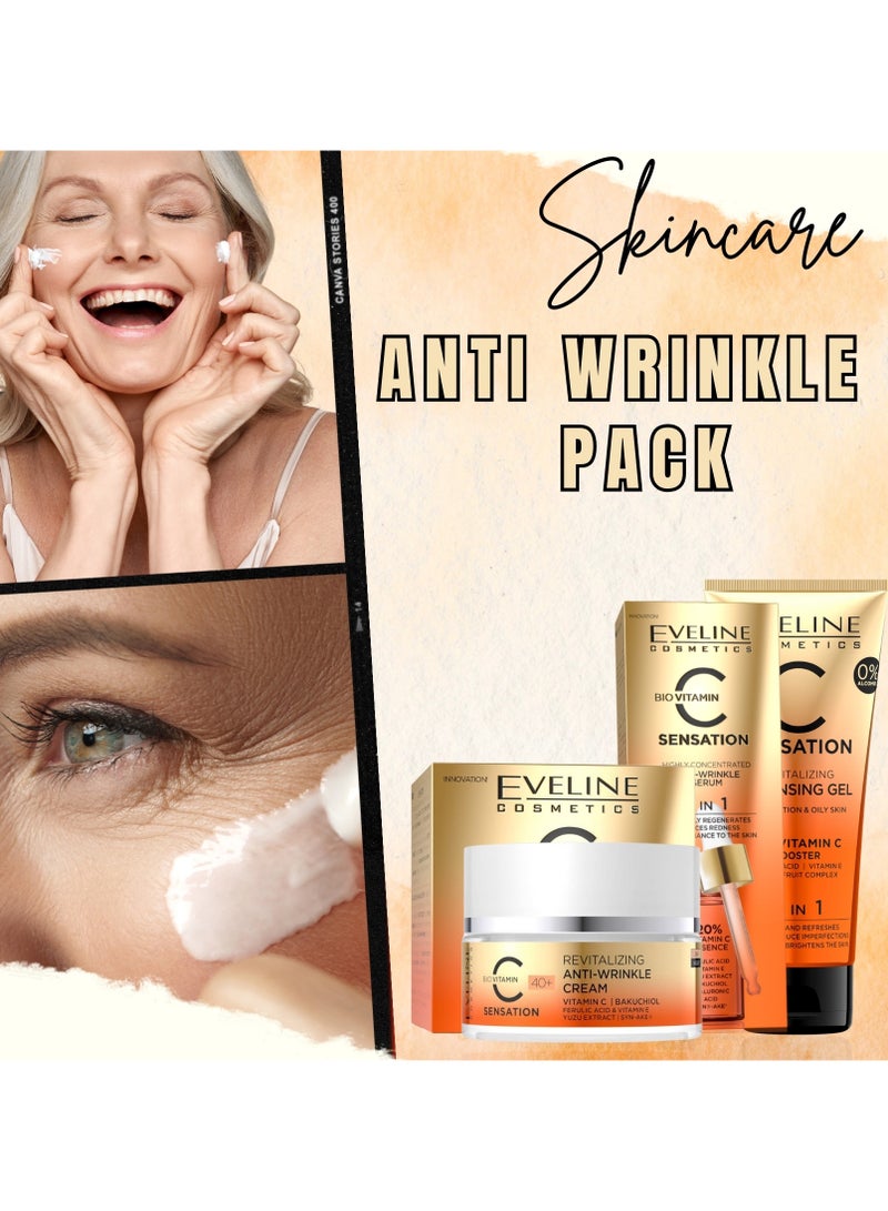 Sensation Pack Anti-Wrinkle (Face Cream, Face Serum, Cleansing Gel)- Gentle Cleansing- Vitamin C Infusion- Skin Brightening- Hydration And Moisturization- Balanced Formula 218ml