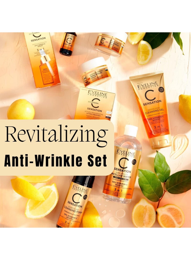 Sensation Pack Anti-Wrinkle (Face Cream, Face Serum, Cleansing Gel)- Gentle Cleansing- Vitamin C Infusion- Skin Brightening- Hydration And Moisturization- Balanced Formula 218ml