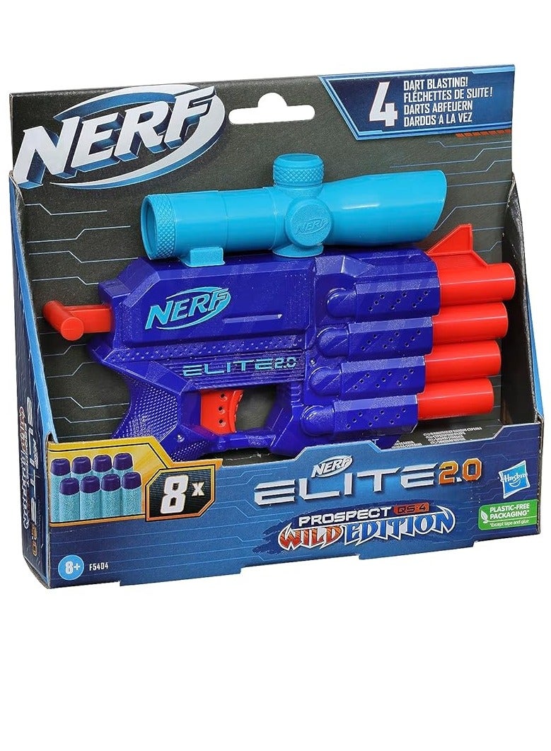 Nerf Hasbro Elite 2.0 Prospect QS-4 Blaster Wild Edition Color Design 8 Nerf Elite Darts 4-Dart Blasting Targeting Scope Pull Back Priming