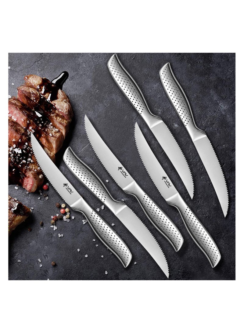 V A V PREMIUM 6-Piece Steak Knives Set. Set includes: 6-Pieces of 4.5-inch Steak Knives. Comfortable and Pleasing Handle and Professional Serrated Stainless Steel with Long-Lasting Sharpness.