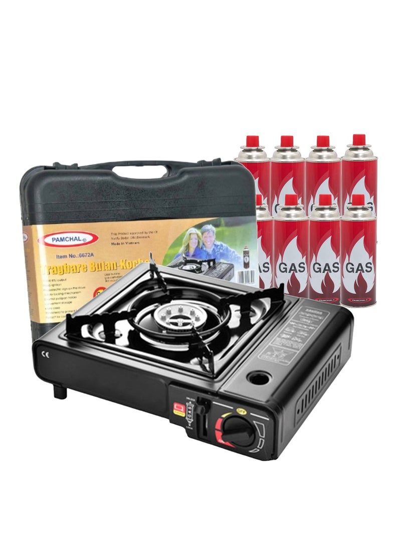 8-Pieces Butane Gas Cartridges with Camping Stove and Box